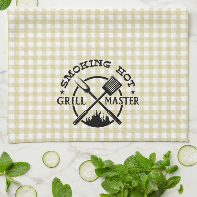 Smoking Hot Grillmaster Tan Gingham Check Tea Towel (Folded)
