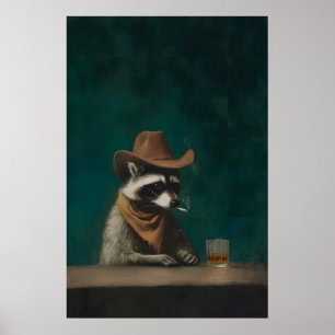 Smoking Racoon Cowboy Wall Art, Vintage Funny Poster