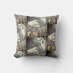 SMOKING SKELETON, CEMETERY GHOST THROW PILLOW