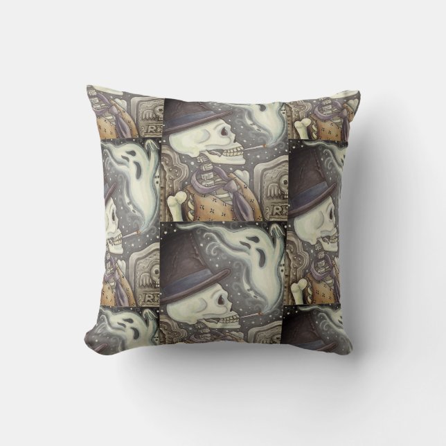 SMOKING SKELETON, CEMETERY GHOST THROW PILLOW (Front)