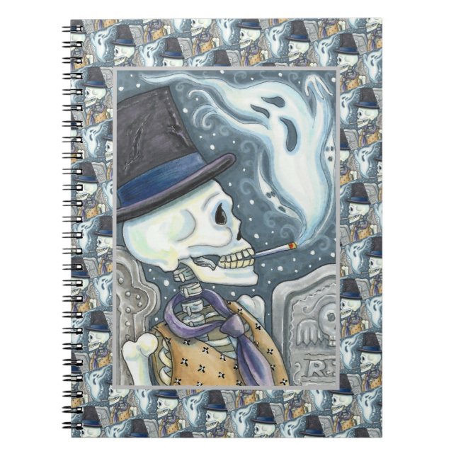 SMOKING SKELETON WITH GHOSTS IN SPOOKY CEMETERY NOTEBOOK (Front)