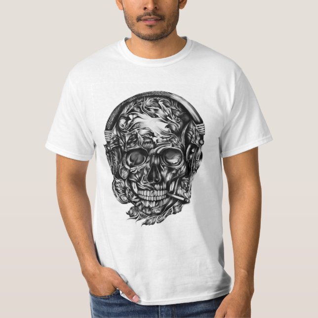 Smoking skull with headphones tee shirt. (Front)