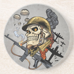 Smoking Skull with Helmet, Aeroplanes and Bombs Coaster