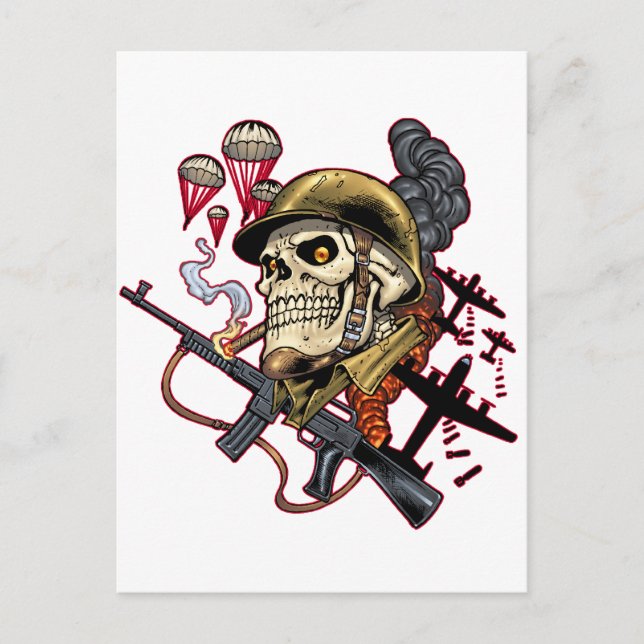 Smoking Skull with Helmet, Aeroplanes and Bombs Postcard (Front)