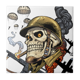 Smoking Skull with Helmet, Aeroplanes and Bombs Tile