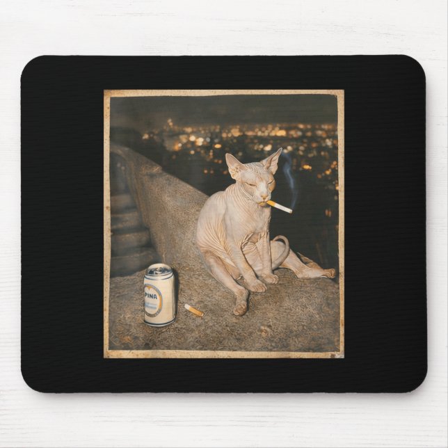 Smoking Sphynx Cat Meme Funny Cat Smoking Cigarett Mouse Pad (Front)