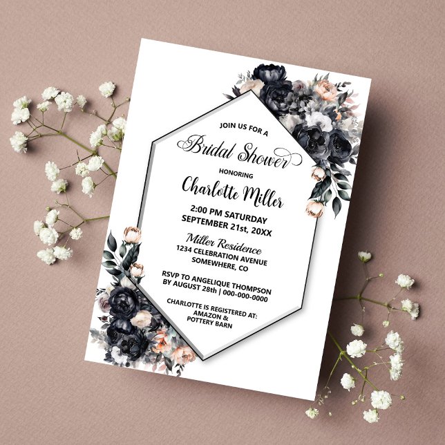 Smoky Black Floral Geometric Bridal Shower Invitation (Creator Uploaded)