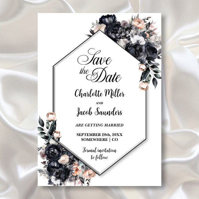 Smoky Black Floral Geometric Wedding Save the Date (Creator Uploaded)