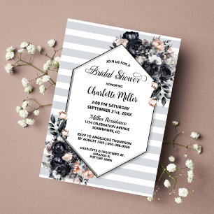 Smoky Black Floral Striped Geometric Bridal Shower Invitation