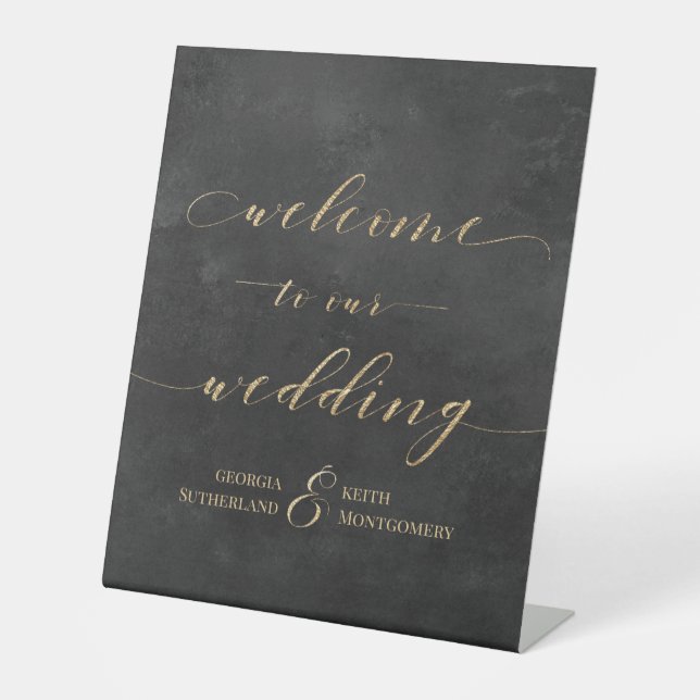 Smoky Black & Gold Elegant Welcome To Our Wedding Pedestal Sign (Front)