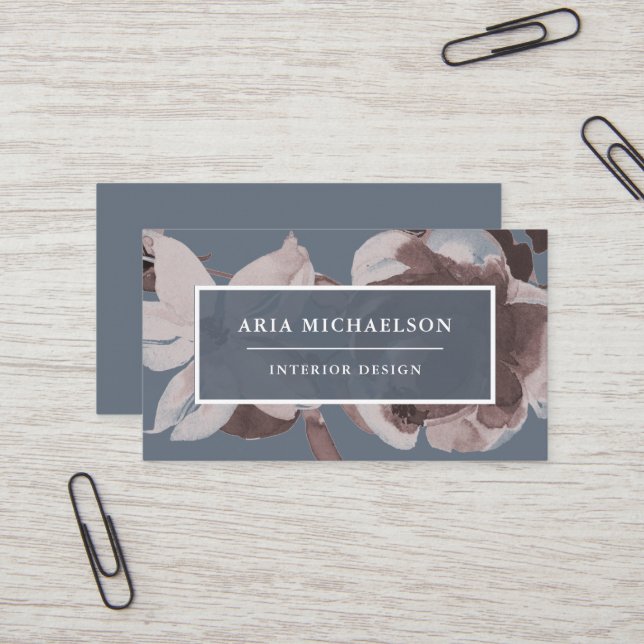 Smoky Blue and Dusty Rose Floral with White Text Business Card (Front/Back In Situ)