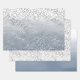 Smoky Blue White Ombre Silver Glam Leopard Print Wrapping Paper Sheet