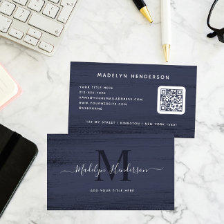 Smoky Dark Blue Brush Strokes Modern Brush QR Code Business Card