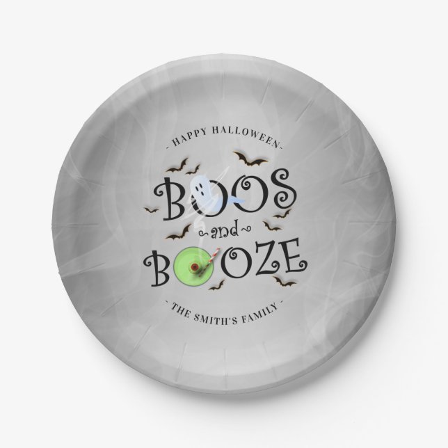 Smoky Grey & Black Boos & Booze Halloween Party Paper Plate (Front)