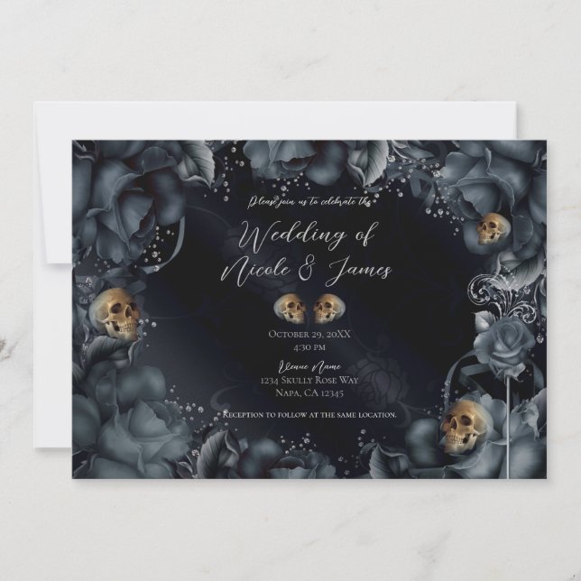 Smoky Grey Blue Roses Skulls Gothic Wedding   Invitation (Front)