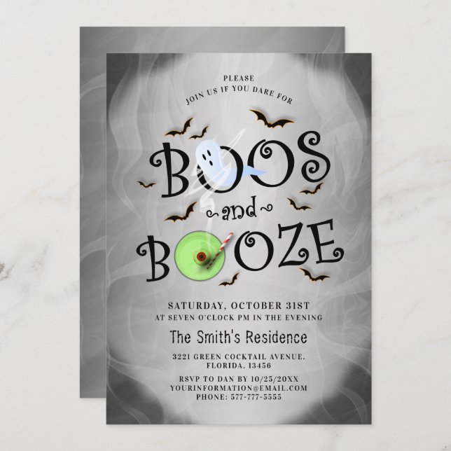Smoky Grey Boos & Booze Halloween Party Invitation (Front/Back)