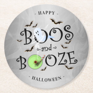 Smoky Grey Boos & Booze Halloween Party Round Paper Coaster