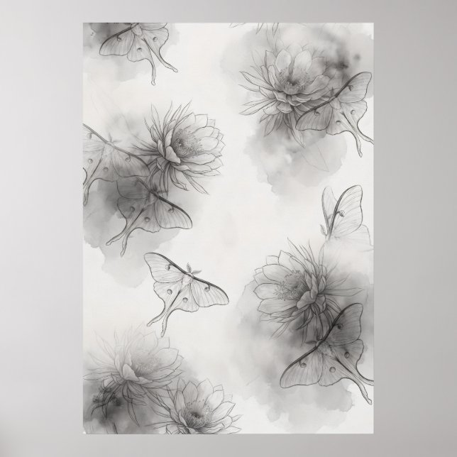 Smoky Grey Luna Moths Lotus Floral Pattern Poster (Front)