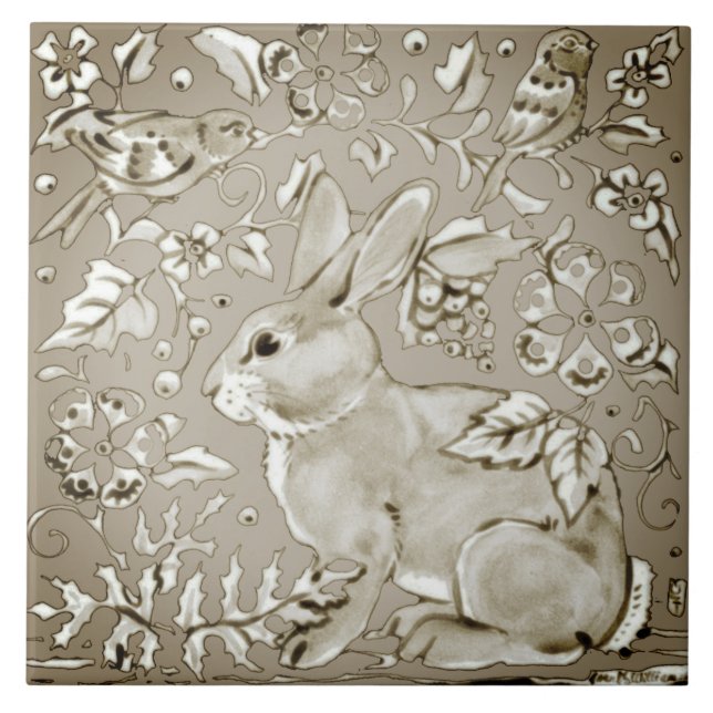Smoky Grey Neutral Bunny Rabbit Bird Floral Leaf Tile (Front)