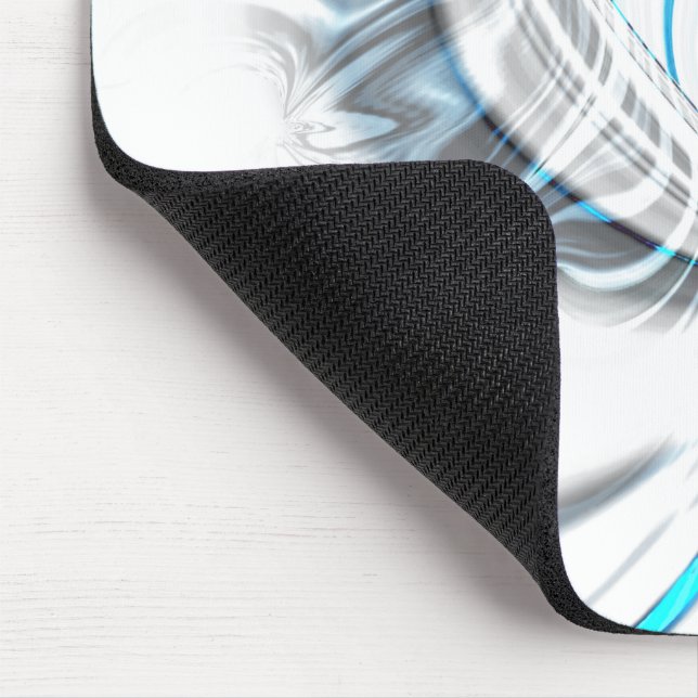 Smoky grey ripples and blue chrome curves on white mouse pad (Corner)