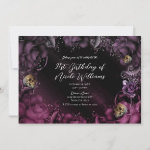 Smoky Purple Pink Roses & Skulls Birthday Party Invitation