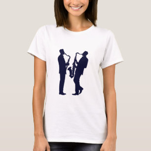 Smoky silhouette of a jazz saxophonist, with notes T-Shirt