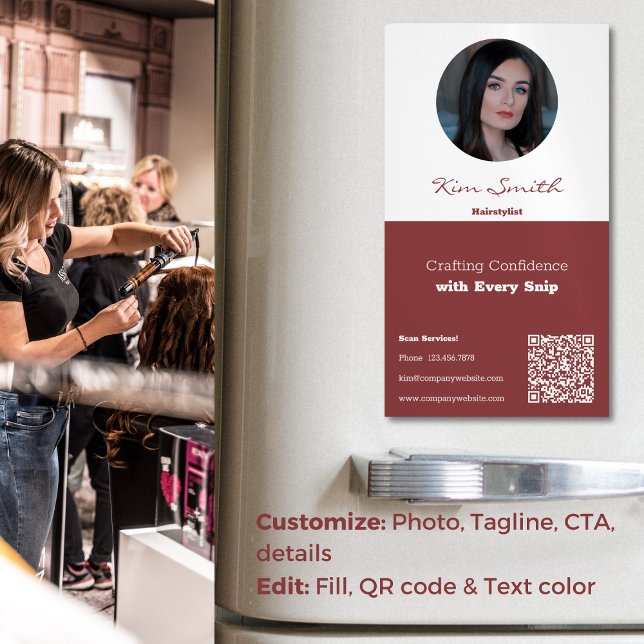 Smoky Topaz White Professional Hair Stylist CTA Magnetic Business Card (Smoky Topaz White Professional Hair Stylist CTA Business Card Magnet, Tagline QR code, Profile Photo)