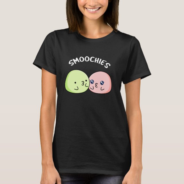 Smoochies Funny Kissing Mochi Pun Dark BG T-Shirt (Front)