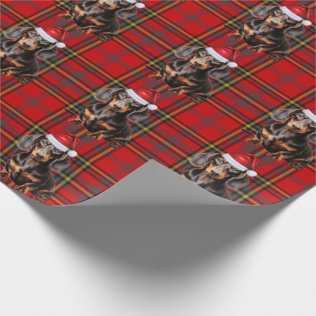 Smooth Coat Dachshund Red Holiday Plaid Christmas Wrapping Paper (Corner)