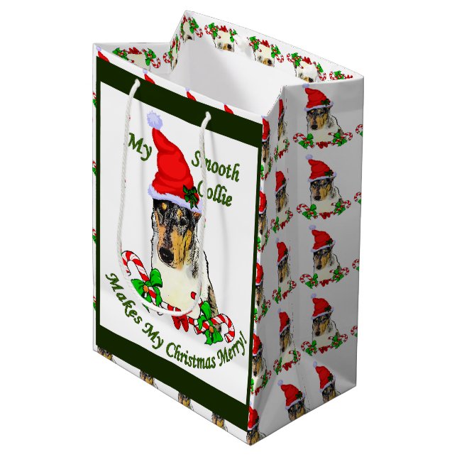 Smooth Collie Christmas Merry Medium Gift Bag (Front Angled)