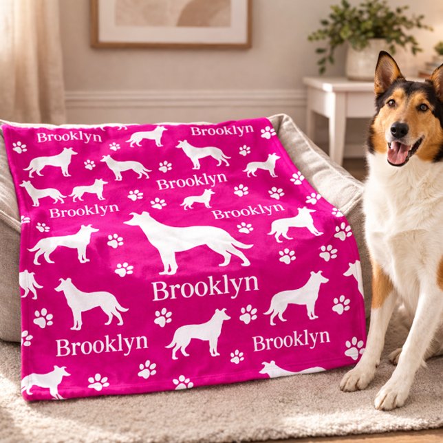 Smooth Collie Personalized Dog Blanket Bright Pink (Collie - smooth hair personalized blanket with collie name. Large blanket in pink shown here)