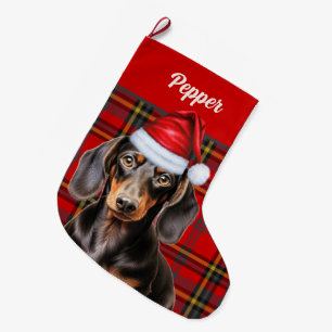 Smooth Dachshund Dog Holiday Plaid Personalised Large Christmas Stocking