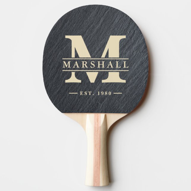 Smooth Dark Granite Monogram & Name Overlay Ping Pong Paddle (Back)