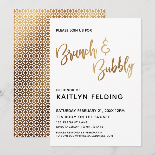 Smooth Gold Ombre Brunch & Bubbly Typography Invitation (Front/Back)