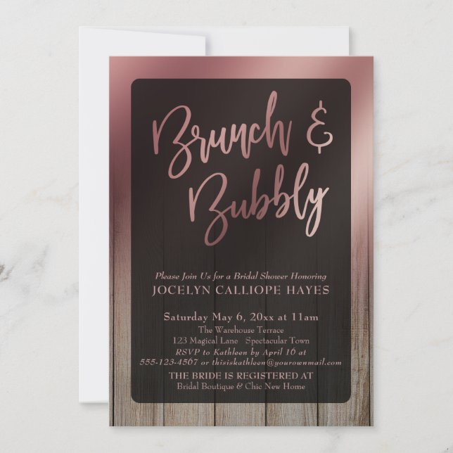 Smooth Rose Gold Barn Wood Brunch & Bubbly Invitation (Front)