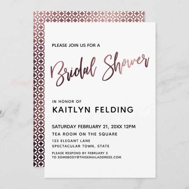 Smooth Rose Gold Ombre Bridal Shower Typography Invitation (Front/Back)
