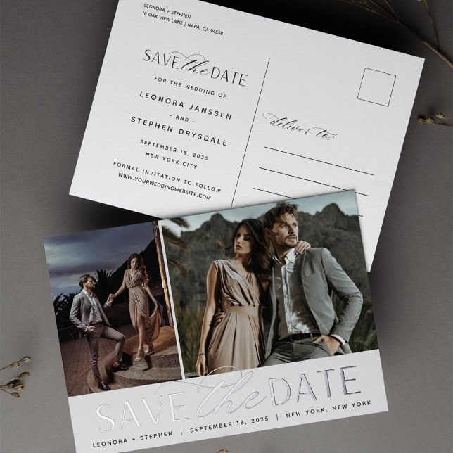 Smooth Script | 2 Photo Wedding Save the Date Foil Invitation Postcard (Creator Uploaded)