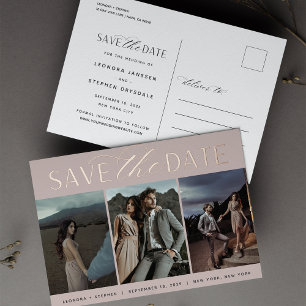 Smooth Script 3 Photo Wedding Save the Date Foil Invitation Postcard