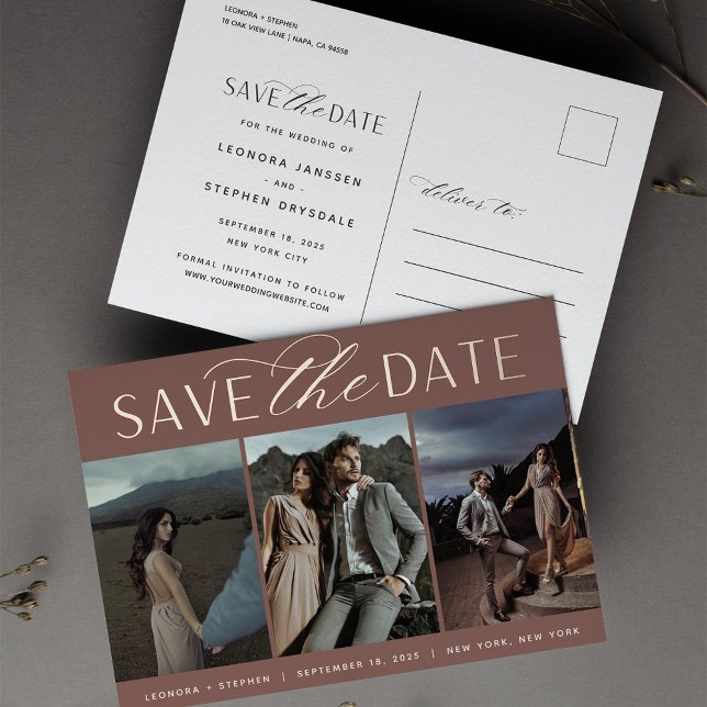 Smooth Script | 3 Photo Wedding Save the Date Foil Invitation Postcard (Creator Uploaded)