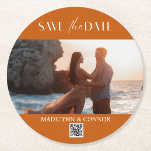 Smooth Script Photo QR Code Save the Date  Round Paper Coaster