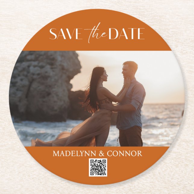 Smooth Script Photo QR Code Save the Date  Round Paper Coaster (Front)