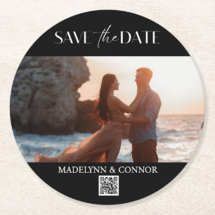 Smooth Script Photo QR Code Save the Date  Round Paper Coaster