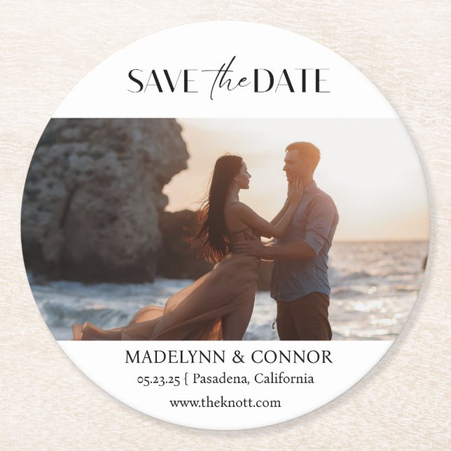 Smooth Script Photo Save the Date Round Paper Coas Round Paper Coaster (Front)