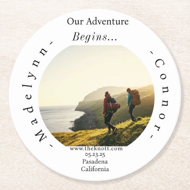 Smooth Script Photo Save the Date Round  Paper Coaster (Front)