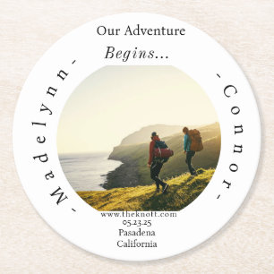 Smooth Script Photo Save the Date Round  Round Paper Coaster