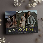 Smooth Script | Two Photo Save the Date<br><div class="desc">A modern save the date card designed to accommodate two engagement photo (one vertical and one horizontal, aligned side by side). "Save the date" appears beneath your photos in gold foil block and script lettering, along with your names, wedding date and wedding location. Personalise the back with additional details, such...</div>