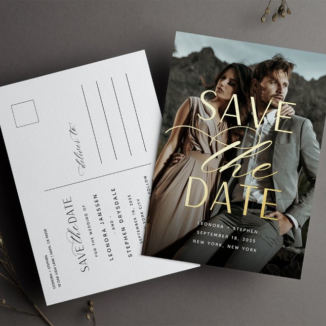 Smooth Script | Vertical Photo Save the Date Foil Invitation Postcard (Creator Uploaded)