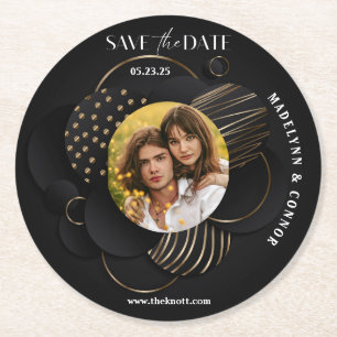 Smooth Script Vertical Photo Save the Date  Round Paper Coaster
