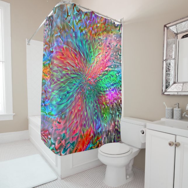 Smooth spiral in overlapping showy coloured spots shower curtain (In Situ)