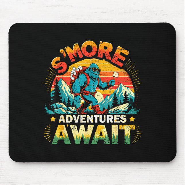 Smor adventures await funny bigfoot camping mouse pad (Front)